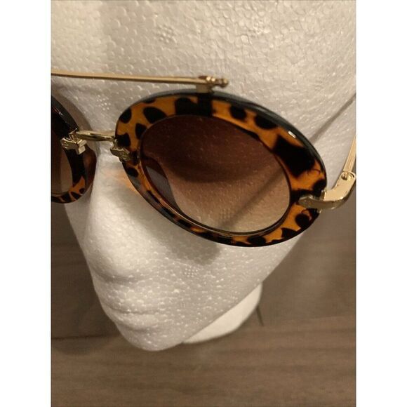 Italy Design Brown Black Leopard Print Round Aviator Brow Bar Sunglasses #50 - Picture 3 of 5